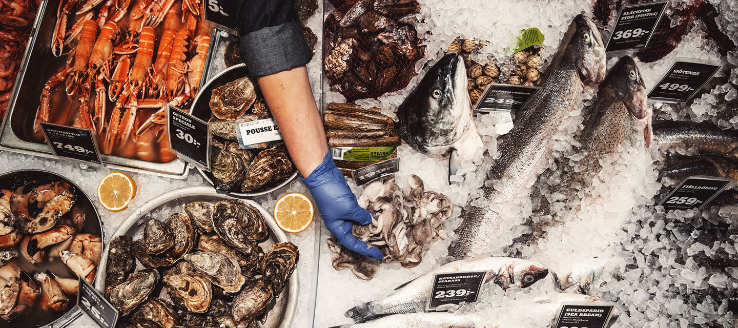 I butikens fiskdisk ligger fiskar och räkor på en isbädd