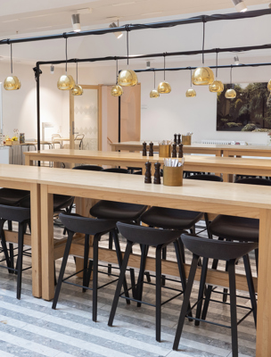 Två stycken community bord med barstolar