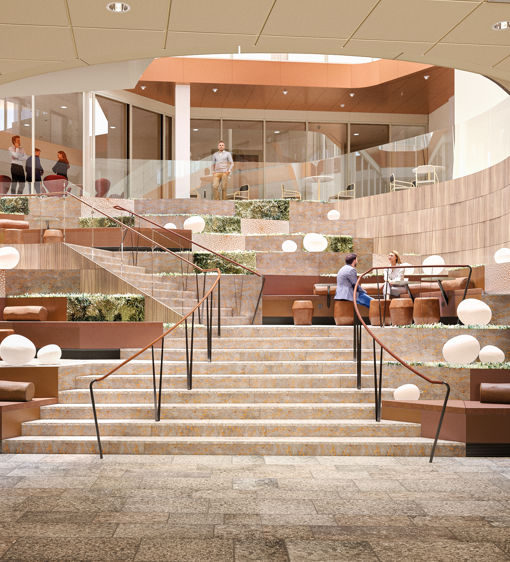 En trappa och sittlandskap på mötesanläggning