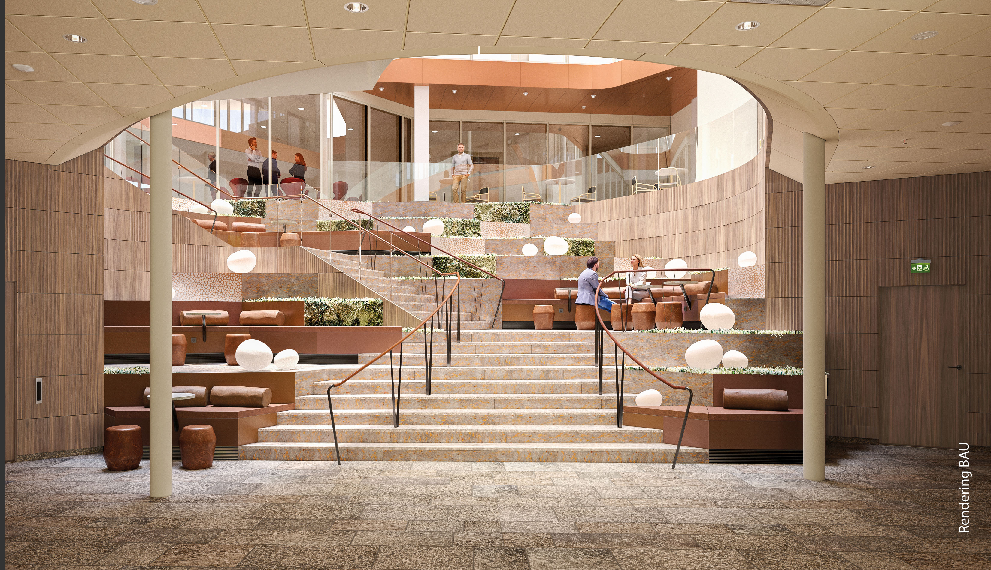 En trappa och sittlandskap på mötesanläggning